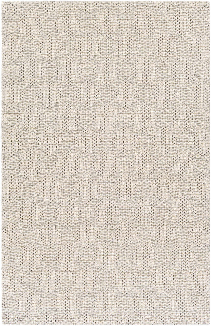 Close up of the ivory Ingram Area Rug showing its hand woven texture and contemporary geometric pattern. Design-Rectangle-575