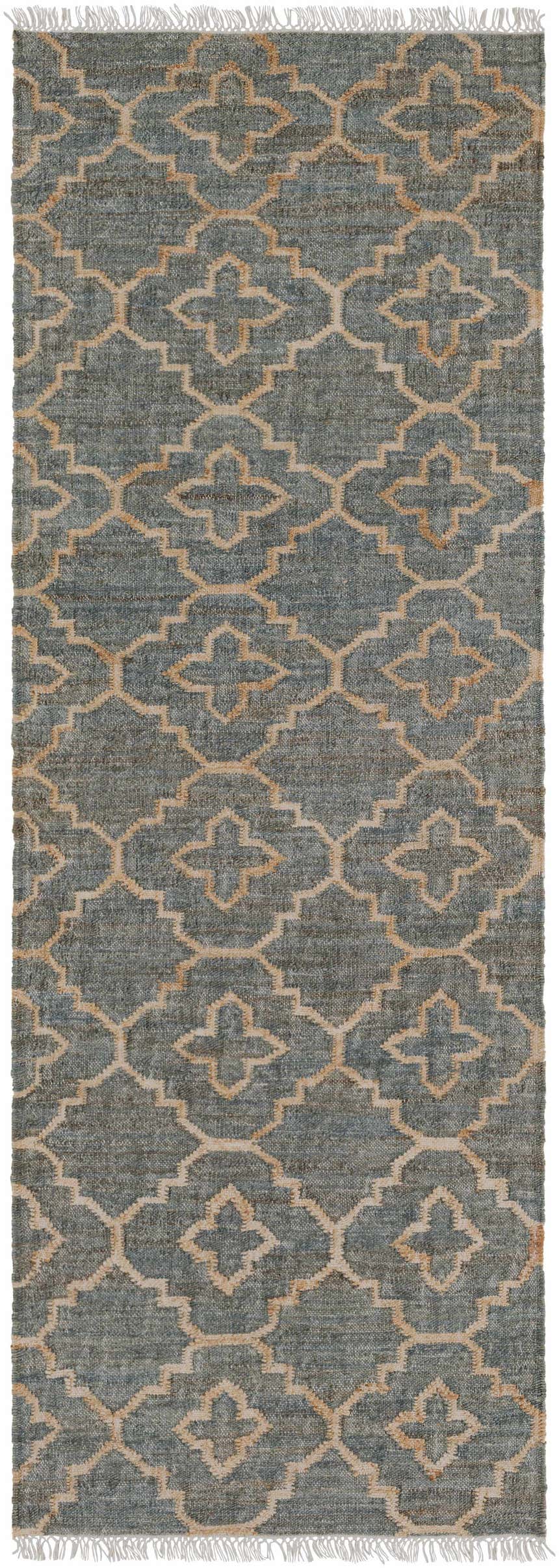 Close-up of Niceville Handcrafted Fringed Jute Carpet. Cream and medium gray rug with a tan geometric pattern. Design-Runner-268