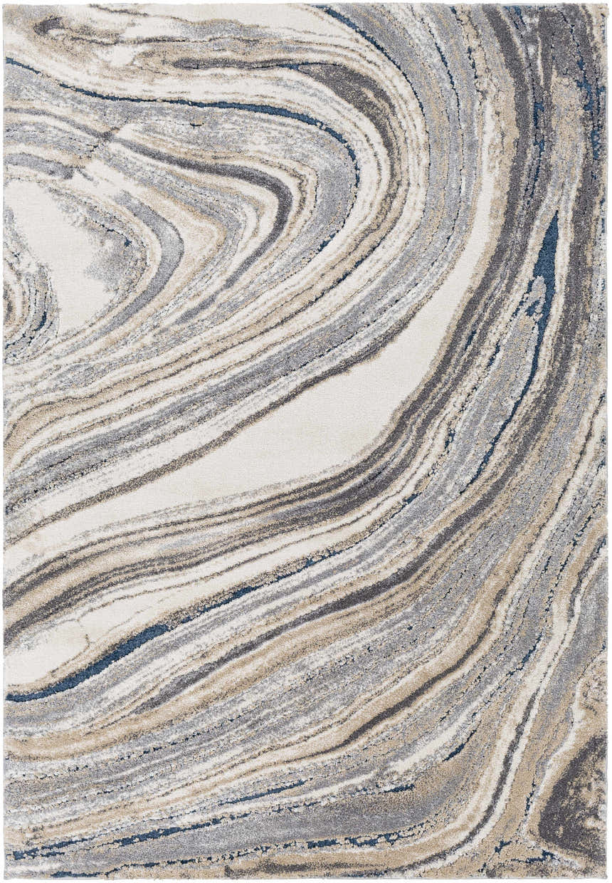 Close-up of the Nillumbik Gray Marble Design Rug. Features charcoal, dark blue, gray, ivory, and beige swirling pattern. Design-Rectangle-5373