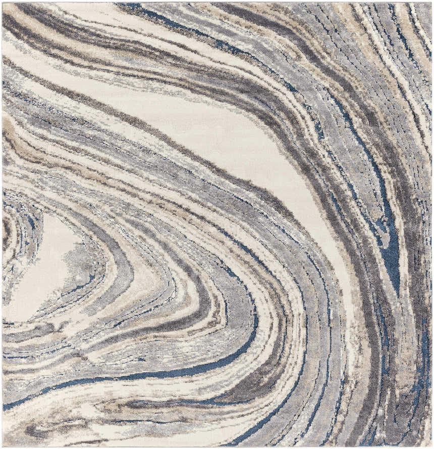 Close-up of the Nillumbik Gray Marble Design Rug, featuring a swirling pattern in charcoal, gray, ivory, and blue tones. Design-Square-710