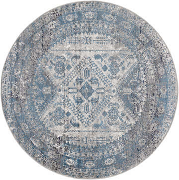 Close-up of the round Nisula Traditional Blue Rug, featuring a vintage-inspired, oriental pattern in blue, gray, and white. Design-Round-53