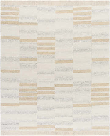 Close-up of the Nadav Ivory Area Rug, a hand-tufted wool rug with cream, tan, and taupe horizontal stripes. Design-Rectangle-810