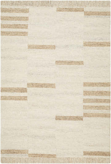 Close-up of the Nadav Beige Area Rug, a hand-tufted wool rug with a geometric block pattern in tan, peach, and ivory hues. Design-Rectangle-576