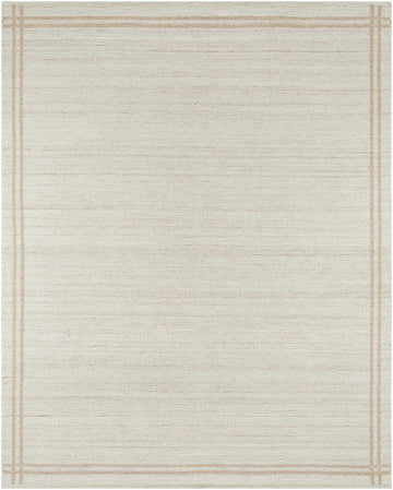 Close-up of the hand woven Nimue Area Rug. Ivory and tan wool rug with a simple, traditional border pattern. Design-Rectangle-810
