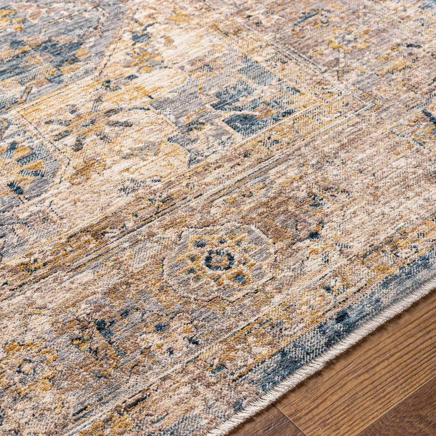 Close-up of the Norland Area Rug showing its traditional pattern, bone, tan, gray, and teal colors, and soft texture. Texture