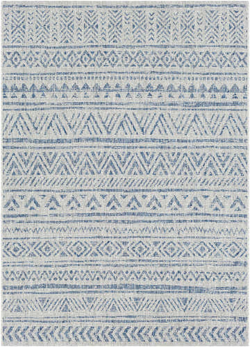 Close-up of the Novato All Over Pattern Performance Rug. Blue, ink blue, and light blue geometric design. Design-Rectangle-5376