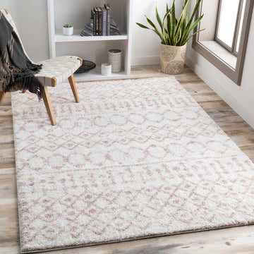 Light and airy room scene with a blush and cream Narrogin Area Rug, woven chair, and white bookshelf. Roomscene-Rectangle