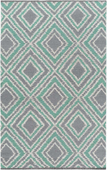 Close-up of Northmoor Wool Area Rug; charcoal, emerald, and ivory diamond pattern, hand woven texture. Design-Rectangle-58