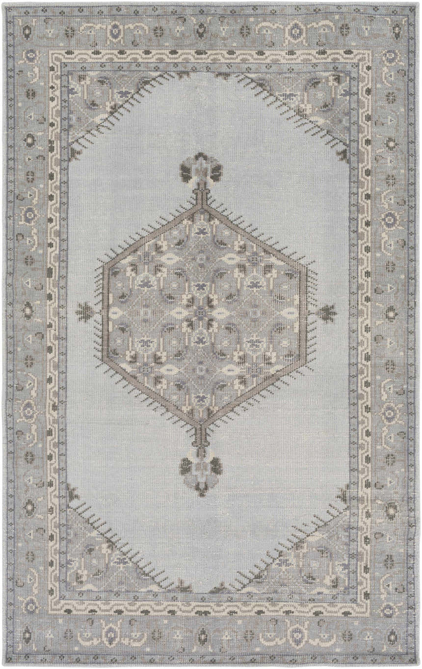 Hand knotted Northstowe Carpet in pale blue and gray. Traditional rug with farmhouse style border and central medallion. Design-Rectangle-5686