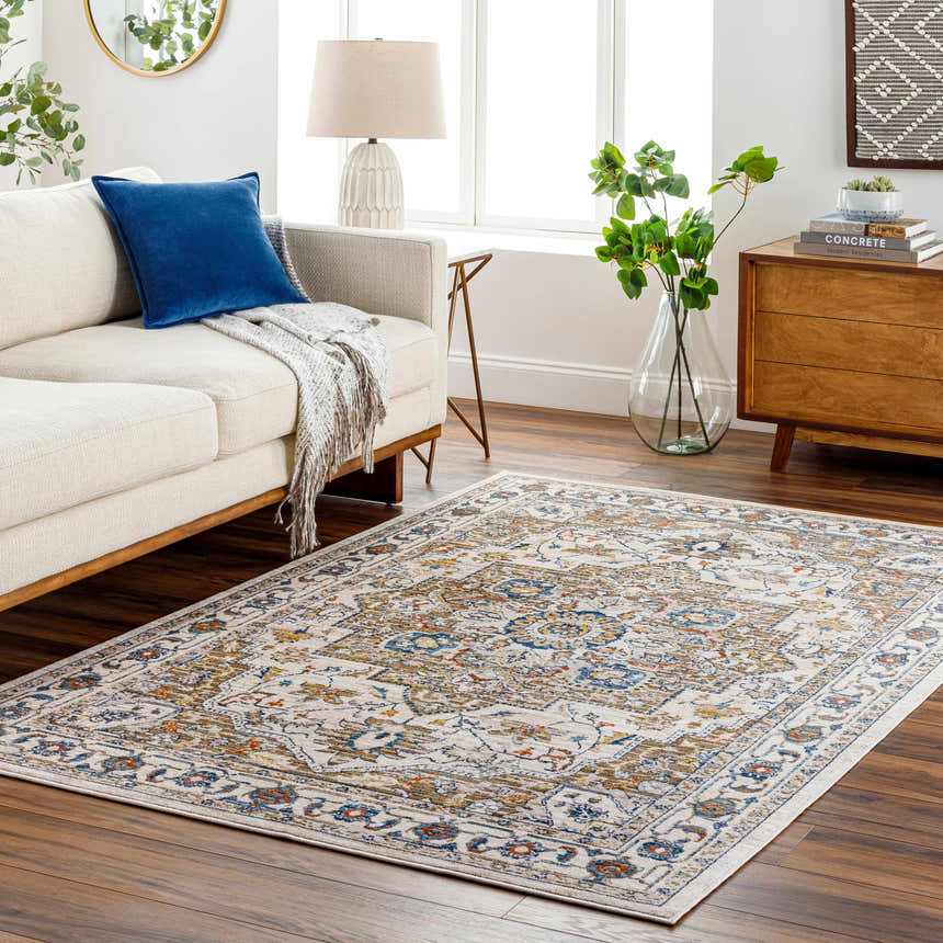 Living room scene with a Beachhouse Anas Traditional Style Rug, beige sofa, wood floors, and natural light. Roomscene-Rectangle