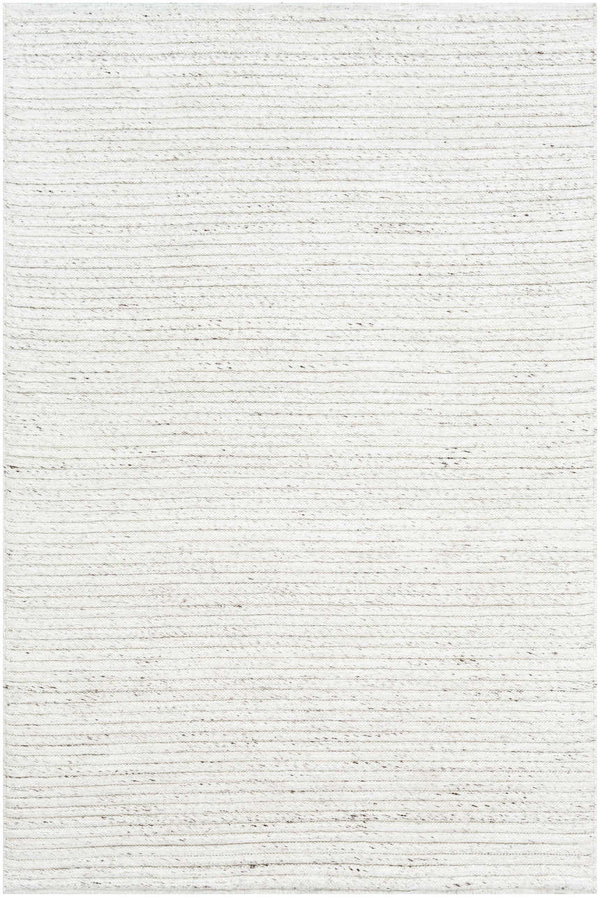 Close-up of the Nuangola Area Rug. Hand-woven, off-white polyester with subtle dark brown horizontal lines and natural fiber texture. Design-Rectangle-576