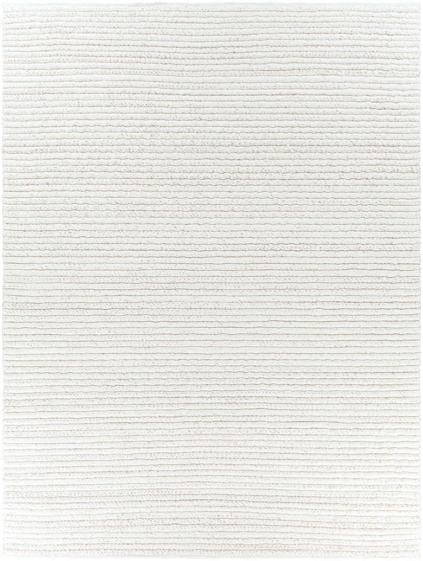 Close-up of the hand woven Nuangola Area Rug. Off white polyester rug with a subtle horizontal striped texture. Design-Rectangle-810