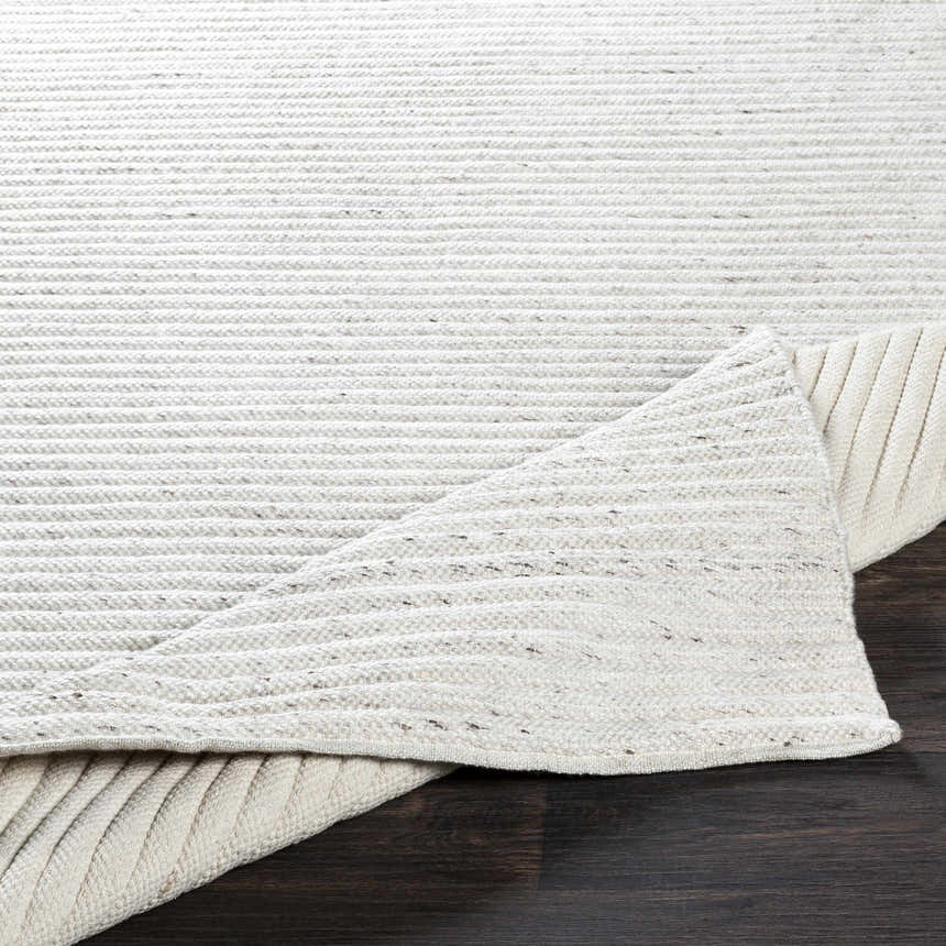 Close-up of the Nuangola Area Rug. Hand-woven, off-white polyester rug with a subtle dark brown fleck on dark wood flooring. Fold