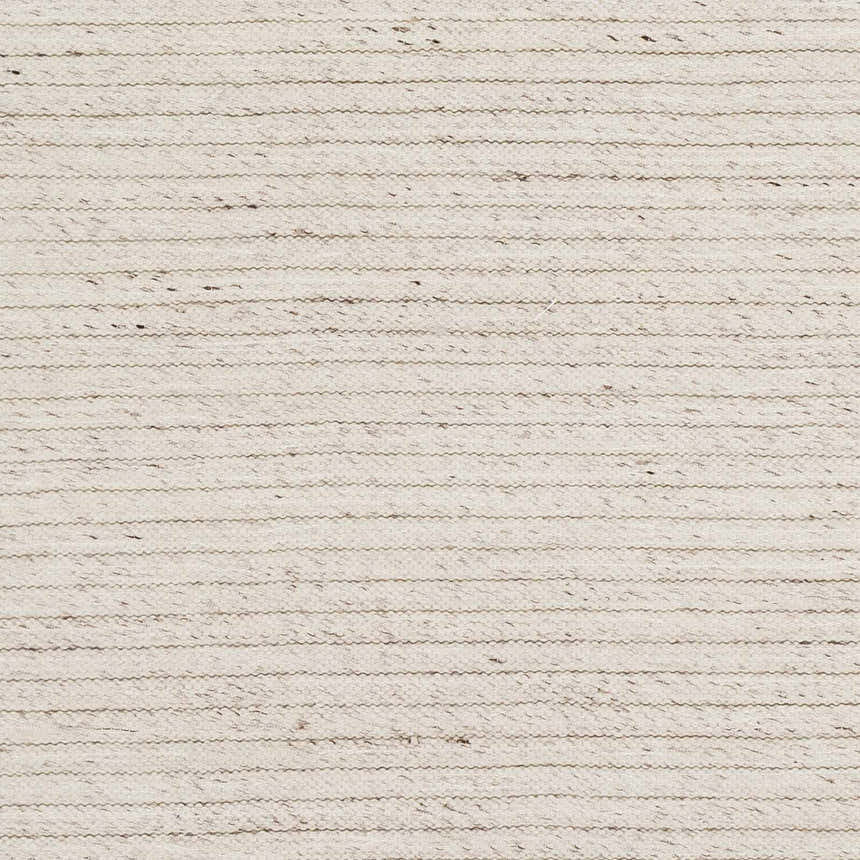 Close-up of the Nuangola Area Rug: off-white with subtle dark brown horizontal stripes and a hand-woven texture. Swatch