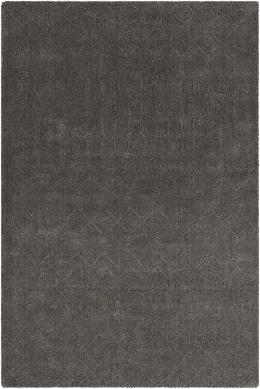 Close-up of the charcoal Newtonhill Clearance Rug. Hand-loomed wool rug with subtle geometric farmhouse pattern. Design-Rectangle-576