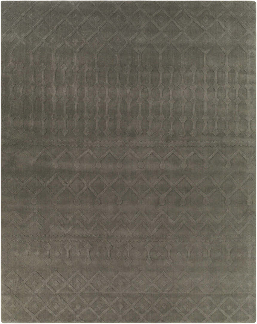 Close-up of the charcoal Newtonhill Clearance Rug, a hand-loomed wool rug with geometric and farmhouse-inspired patterns. Design-Rectangle-810