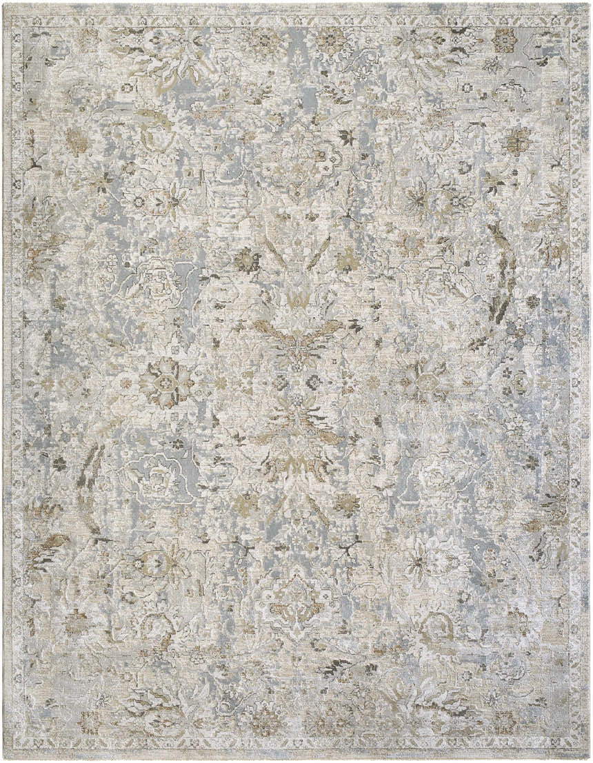 Close-up of the Nasir Thick Luxe Boutique Rug, featuring a traditional floral pattern in charcoal, cream, and light gray tones. Design-Rectangle-710103