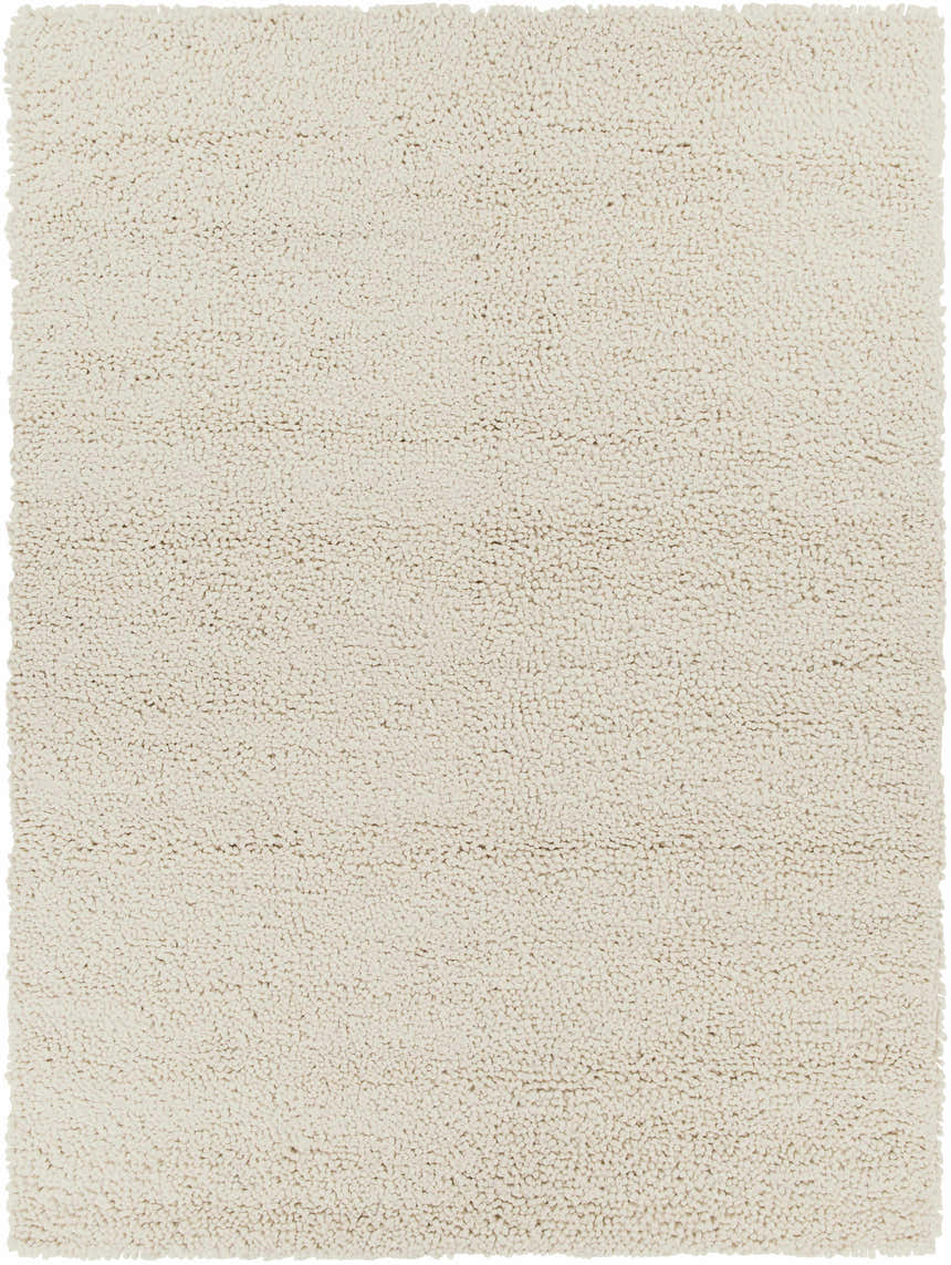 Close-up of the cream Oakridge Area Rug. Hand-woven wool rug with a subtle striped pattern and textured pile. Design-Rectangle-810