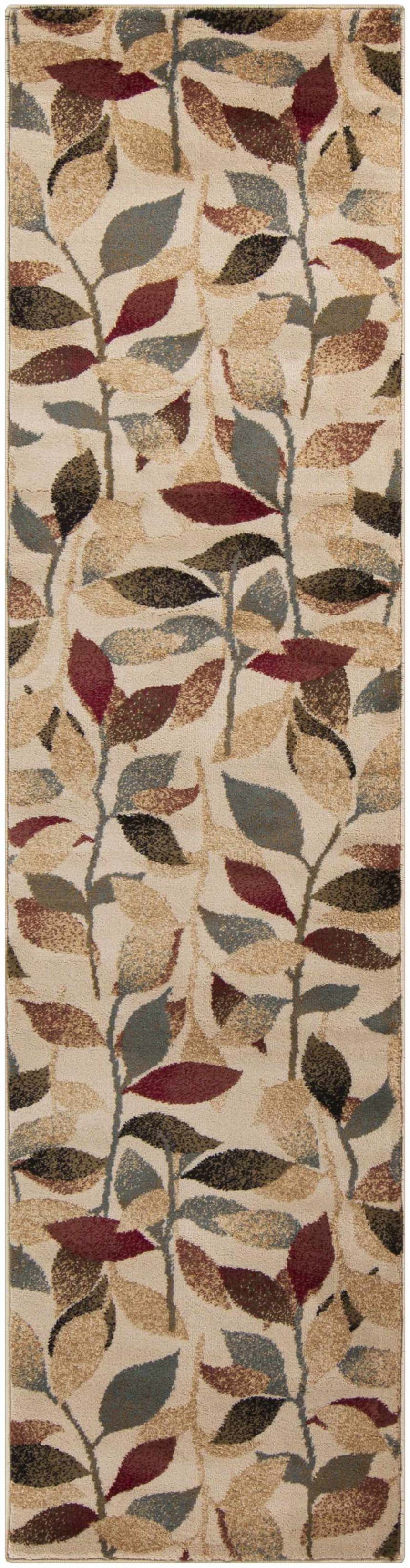 Close-up of the Ober Fall Leaves Rug featuring a leaf pattern in black, charcoal, brown, green, mustard, olive, and red. Design-Runner-275