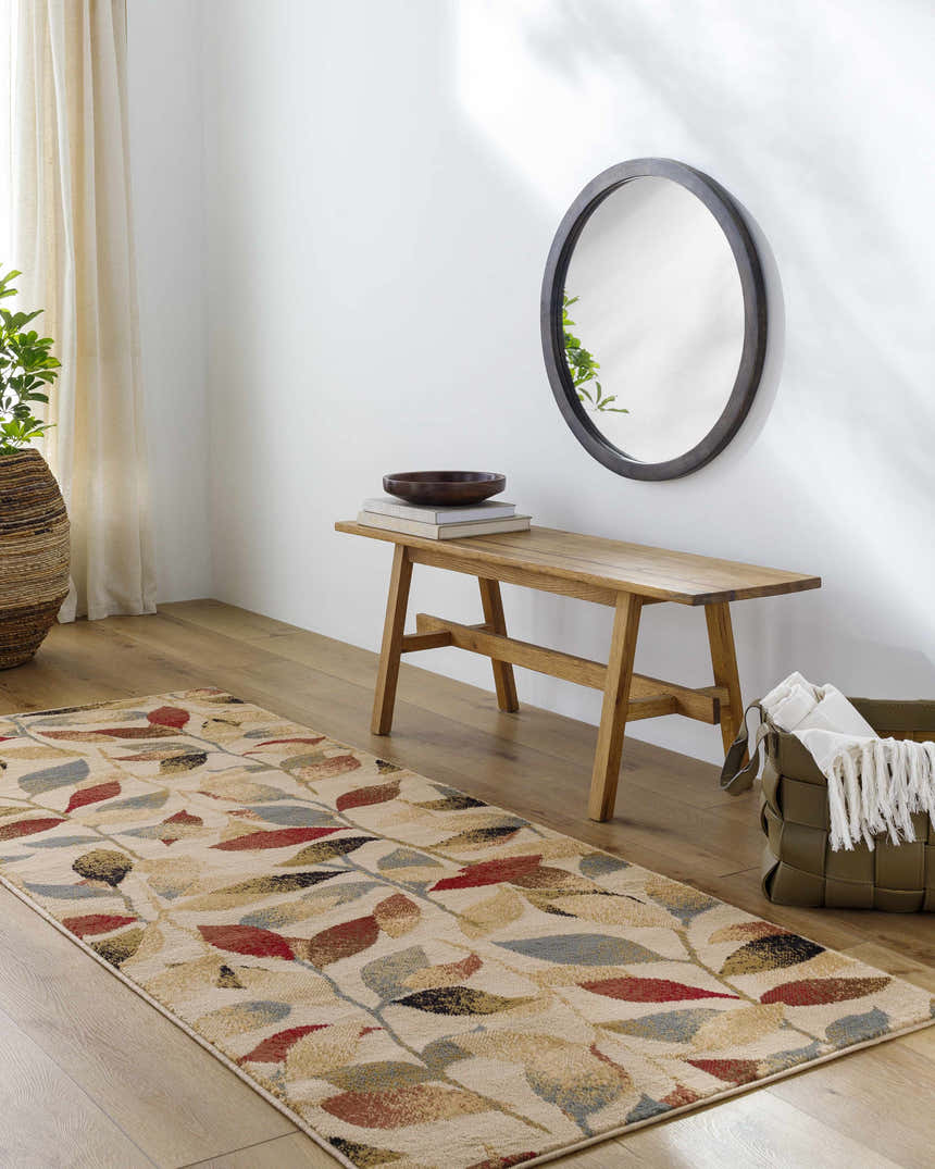 Entryway with Ober Fall Leaves Rug runner, wood bench, round mirror, and woven basket. Roomscene-Runner