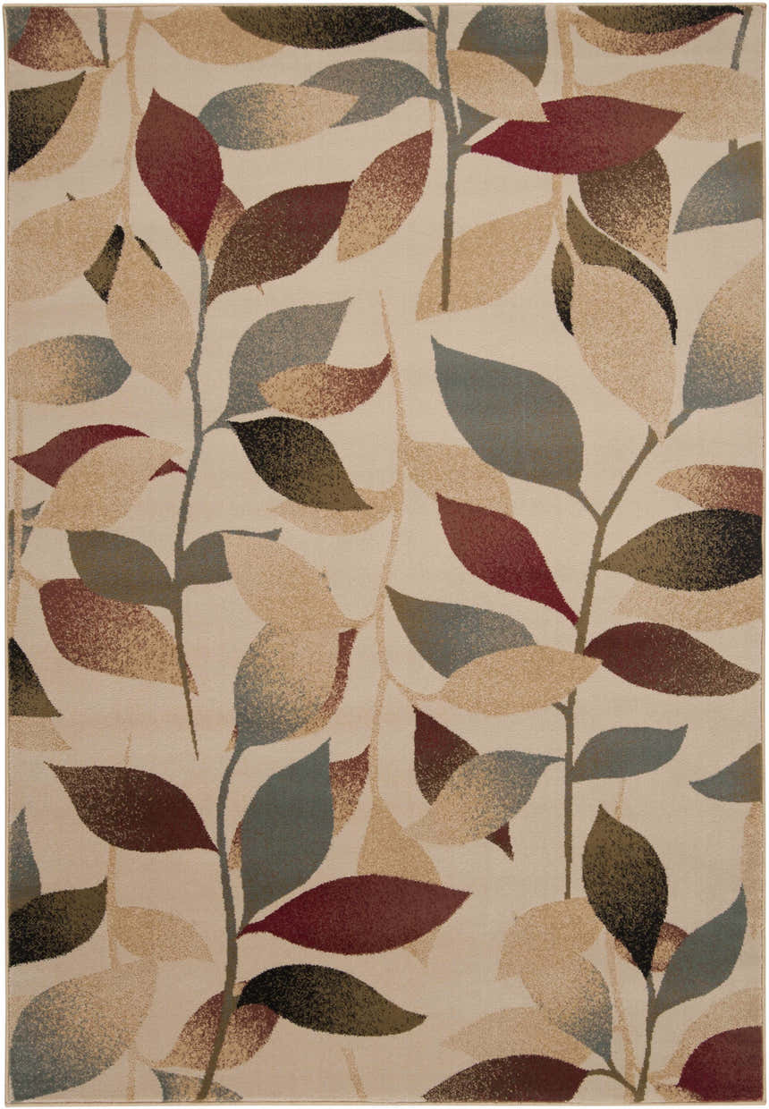 Close-up of the Ober Fall Leaves Rug. Features a leaf pattern in red, brown, green, and beige on a light background. Design-Rectangle-5376