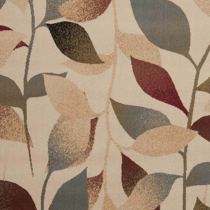 Close-up of the Ober Fall Leaves Rug, featuring a leaf pattern in red, brown, green, and beige hues. Swatch