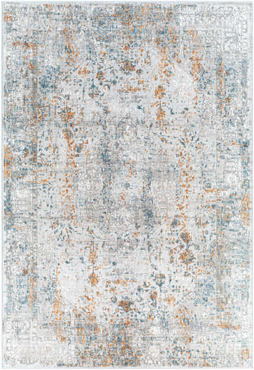 Ochlock Textured Luxe Area Rug close-up: distressed bohemian pattern in blue, brick red, brown, and light gray. Design-Rectangle-573