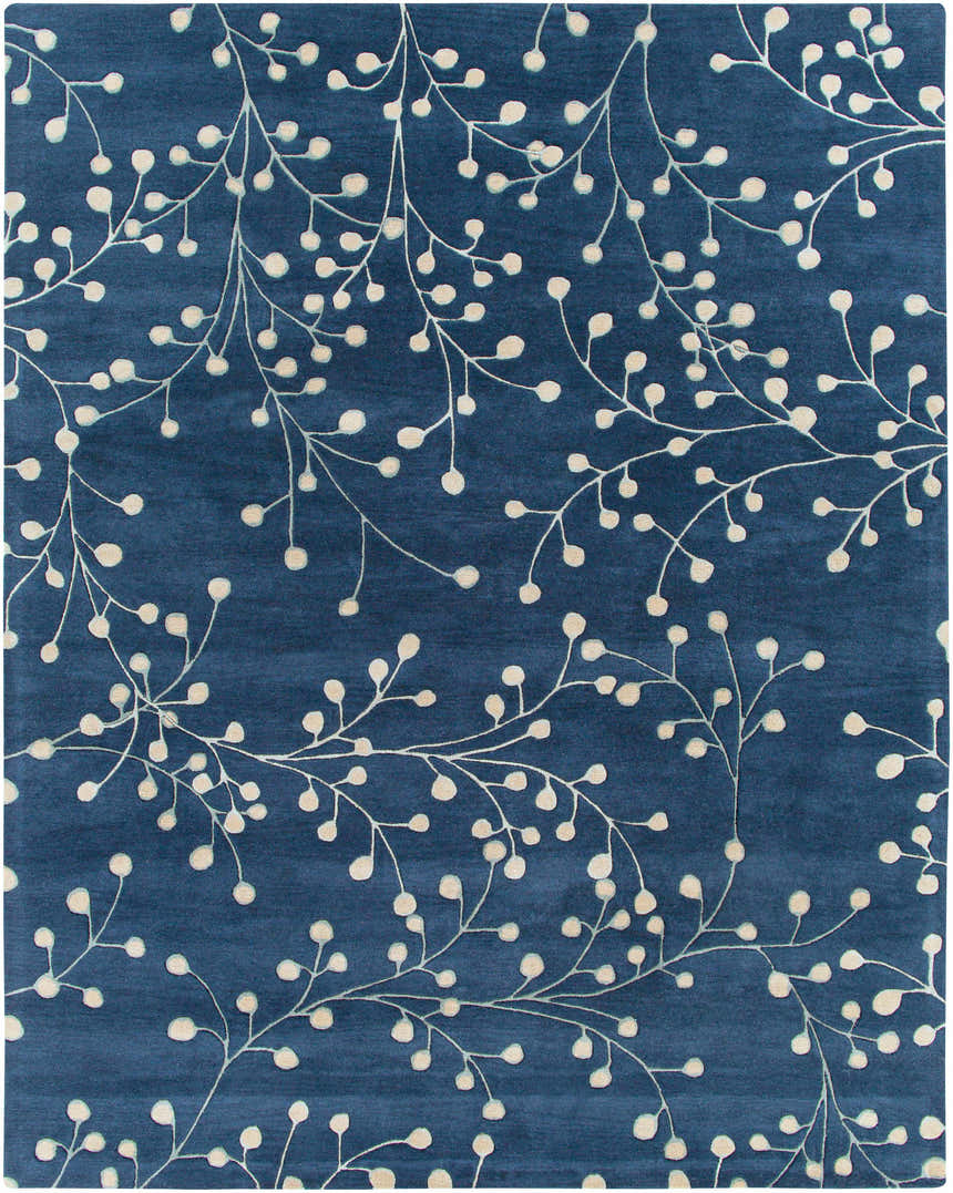 Close-up of the Blue Elsu Area Rug featuring a tan floral vine pattern on an ink blue wool background. Design-Rectangle-7696