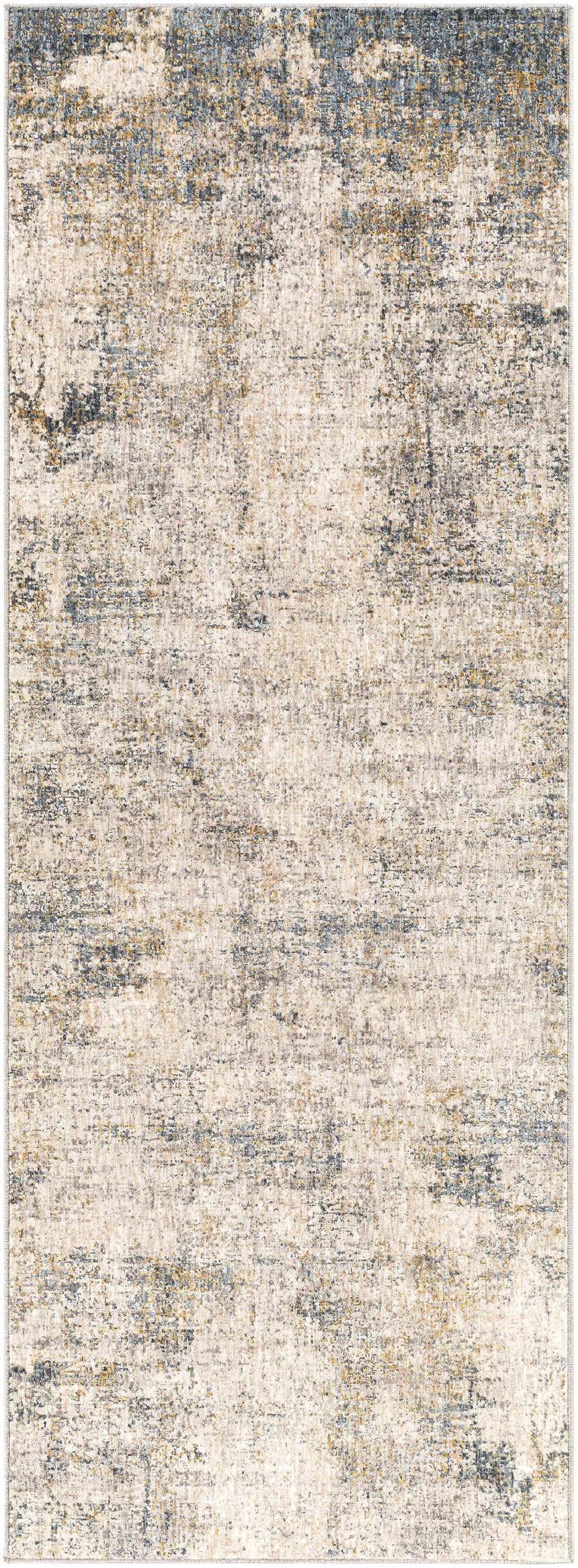 Close-up of the Odell Abstract Luxe Fringe Rug. Features dark blue, light blue, gray, and mustard colors. Design-Runner-2773