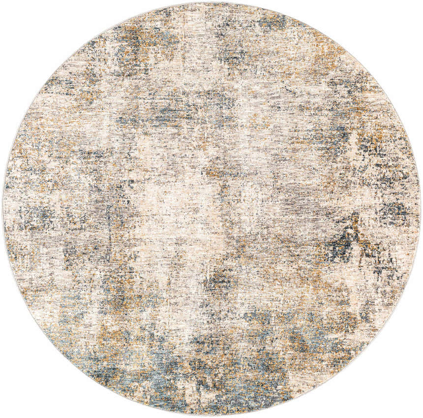 Round Odell Abstract Luxe Fringe Rug in dark blue, light blue, gray, and mustard. Contemporary style. Design-Round-53