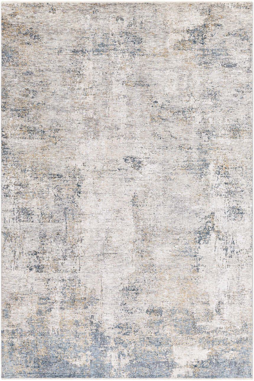 Close-up of Odell Abstract Luxe Fringe Rug. Contemporary design with dark blue, light blue, gray, and mustard hues. Design-Rectangle-6796