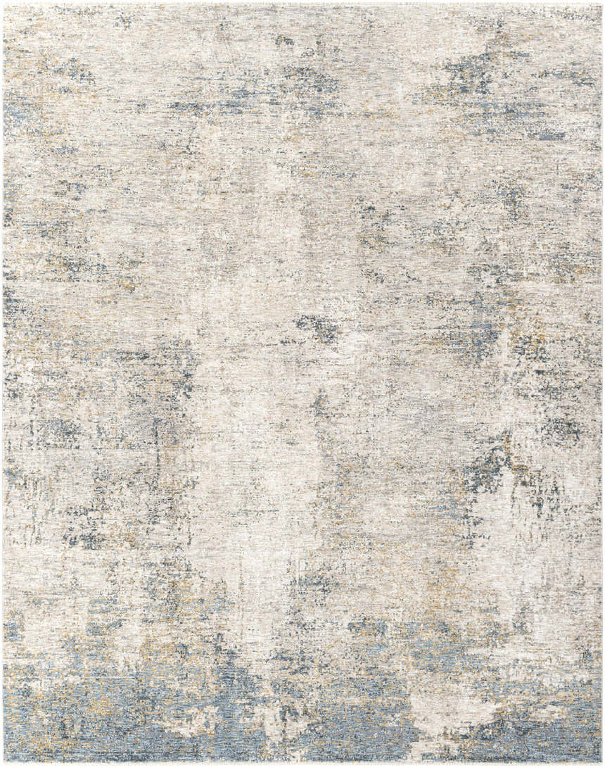 Close-up of the Odell Abstract Luxe Fringe Rug. Abstract pattern in dark blue, light blue, gray, and mustard. Design-Rectangle-710103