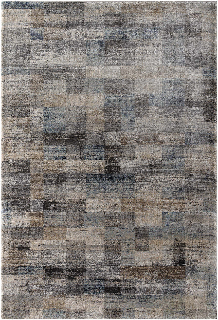 Close-up of the Ohtli Mosaic Luxe Thick Area Rug. Southwestern style with gray, smoke, and blue tones. Machine woven texture. Design-Rectangle-537