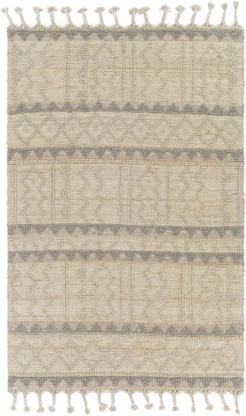Close-up of the Okurcalar Area Carpet. Hand woven jute and wool rug with gray and tan geometric pattern and tassels. Design-Rectangle-576
