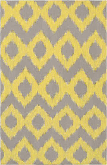 Close-up of the Oradell Yellow Ikat Wool Rug. Features a yellow geometric pattern on a gray background. Hand woven texture. Design-Rectangle-58
