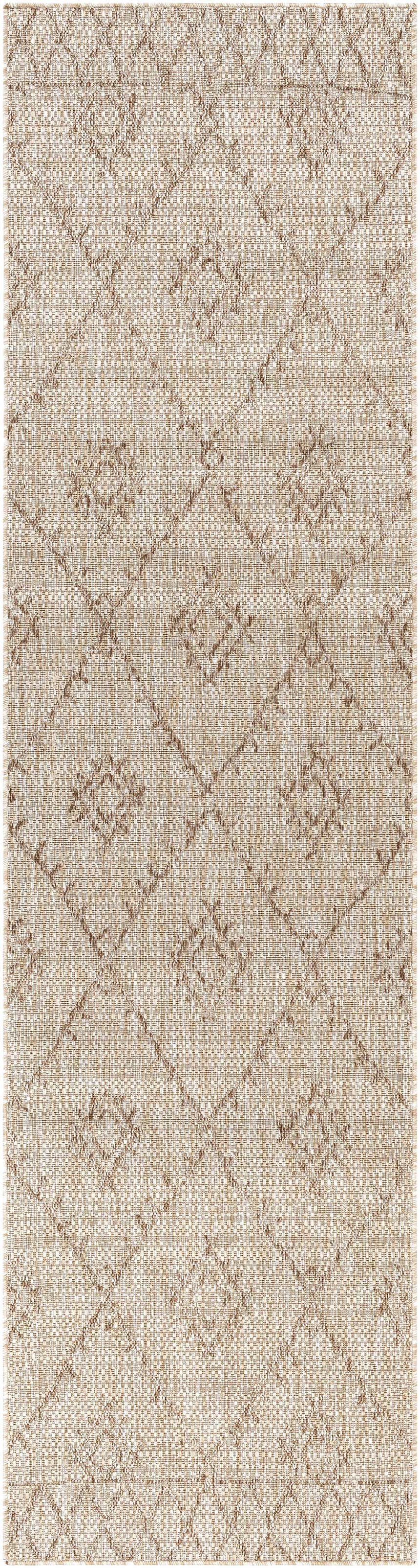 Close-up of the Marwood Brown Nordic Rug. Neutral tones, diamond pattern, machine woven polypropylene rug. Bohemian style. Design-Runner-2710