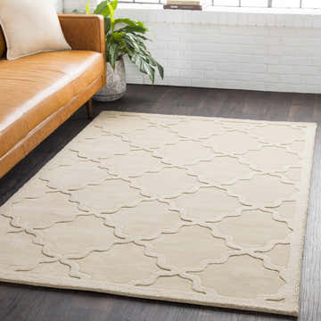 Living room scene with a beige Orick Hand Loomed Wool Area Rug, tan leather couch, and potted plant by a window. Roomscene-Rectangle