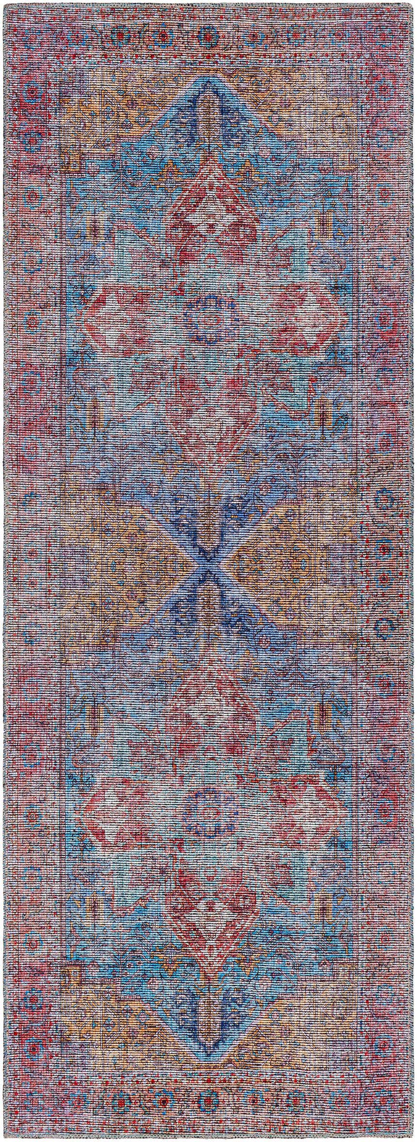 Close-up of the Otaki Washable Area Rug in dark gray, dark purple, multi brown, and natural gray with a traditional pattern. Design-Runner-2773