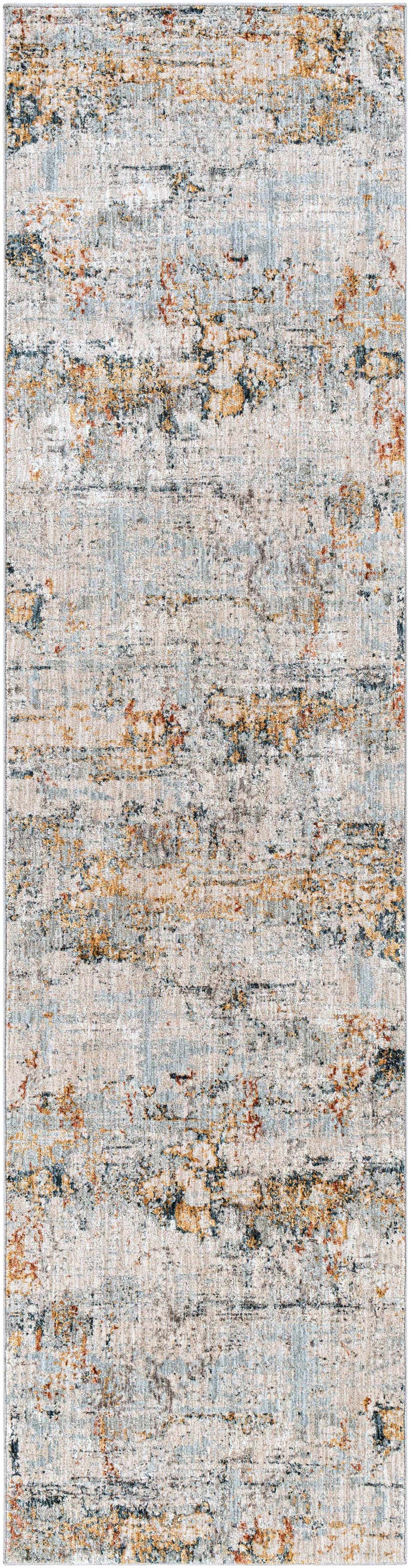 Close-up of the Ottawa Luxe Rug. Contemporary design with brick red, cream, dark blue, and teal abstract pattern. Design-Runner-2710