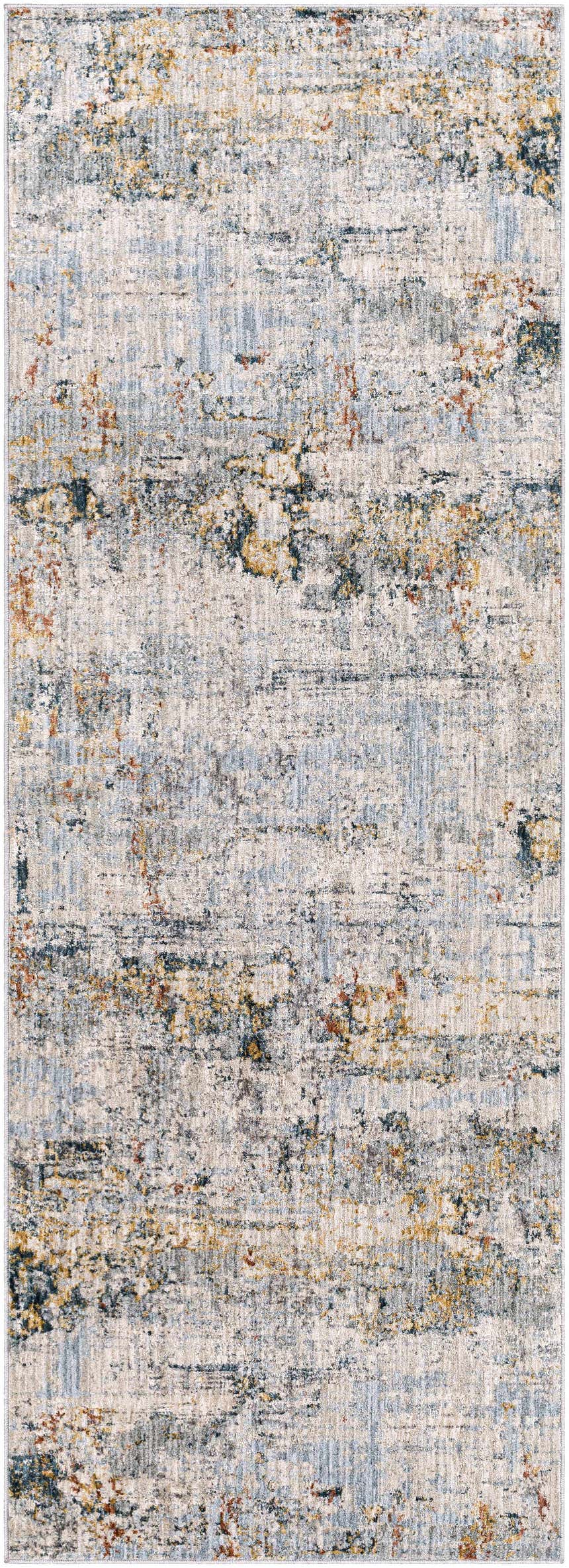 Close-up of the Ottawa Luxe Rug. Contemporary Persian style with brick red, cream, blue, and gray tones. Design-Runner-2773