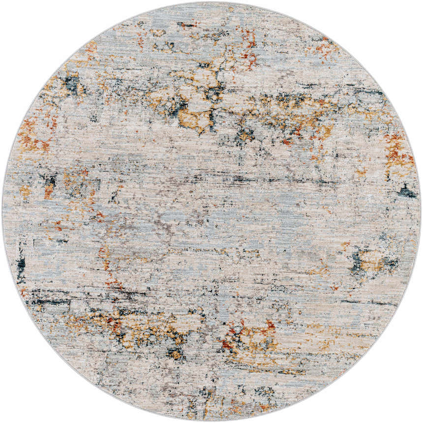 Close-up of a round Ottawa Luxe Rug. Cream rug with brick red, dark blue, teal, and tan abstract Persian-style design. Design-Round-53