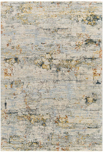 Close-up of the Ottawa Luxe Rug. Contemporary design in cream, blue, tan, and brick red hues. Machine woven polyester texture. Design-Rectangle-575