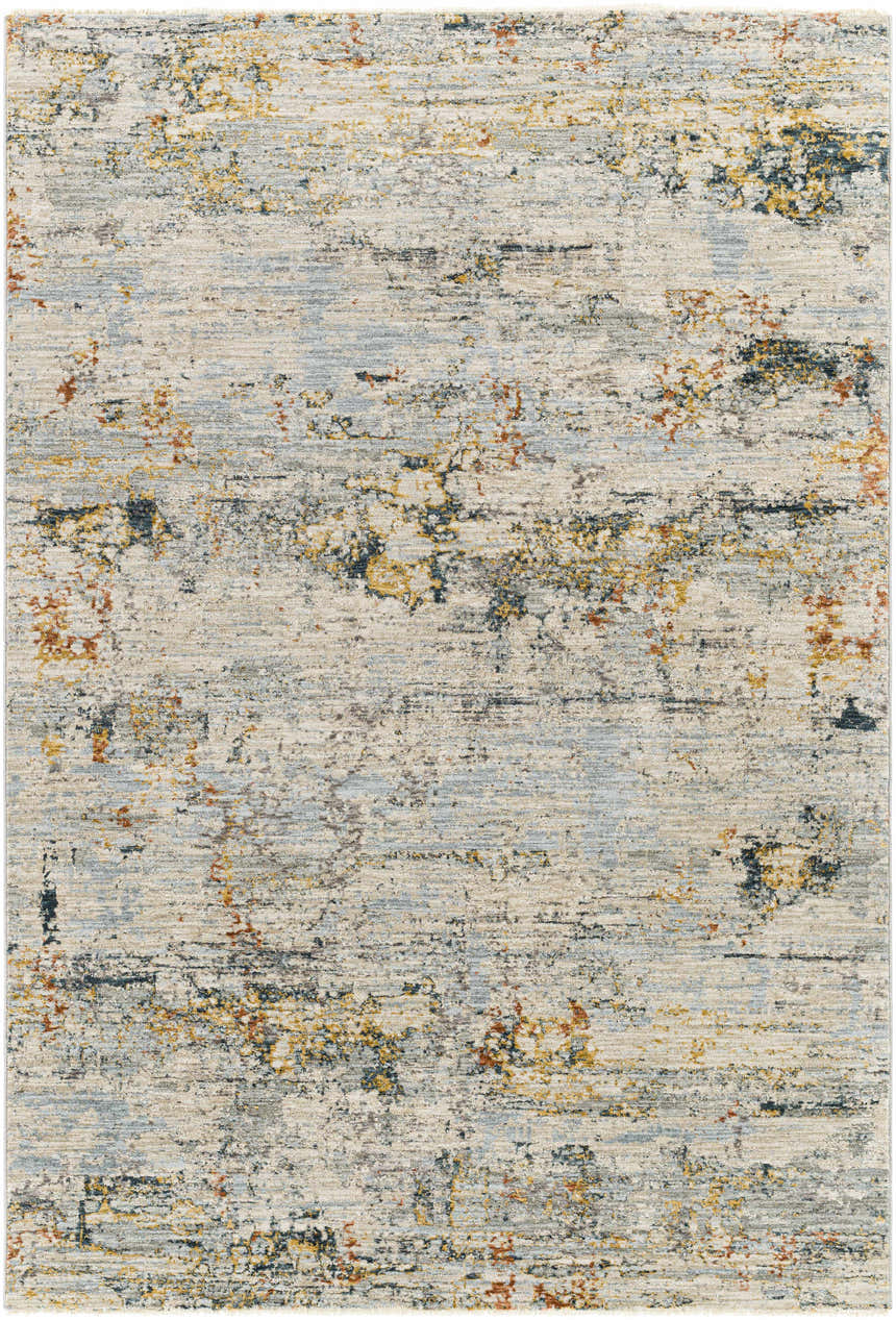 Close-up of the Ottawa Luxe Rug. Contemporary design in cream, blue, tan, and brick red hues. Machine woven polyester texture. Design-Rectangle-575