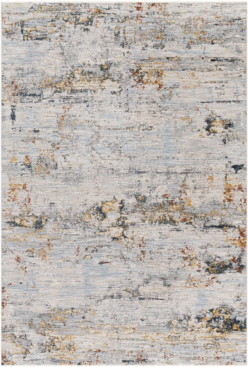 Close-up of the Ottawa Luxe Rug. Contemporary design with brick red, cream, dark blue, and gray tones. Machine woven polyester. Design-Rectangle-6796