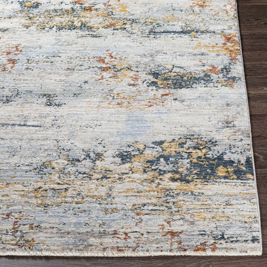 Close-up of the Ottawa Luxe Rug showing its cream, gray, teal, and brick red contemporary Persian-style design. Front