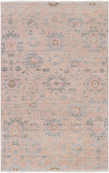 Close-up of the Pittston Area Rug. Viscose rug with beige, dusty coral, pink, and charcoal floral pattern. Farmhouse style. Design-Rectangle-69