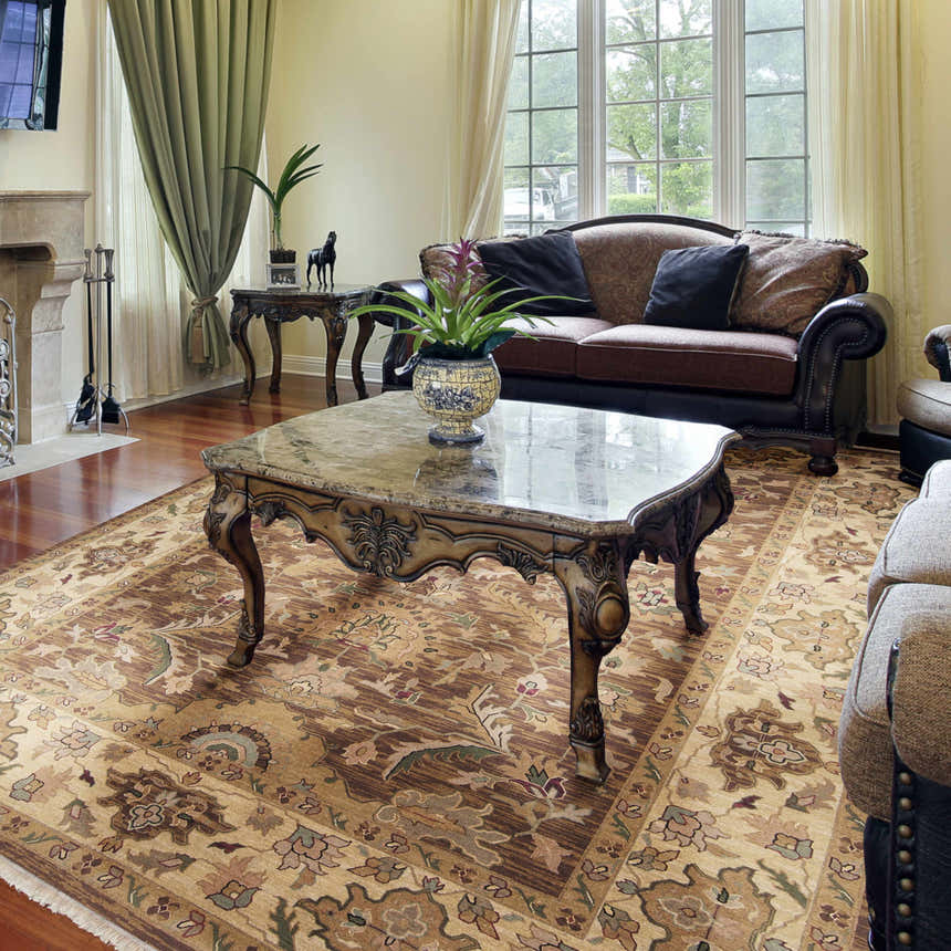 Living room with traditional Palmview Area Rug in beige, brown, and purple tones under a marble coffee table. Roomscene-Rectangle