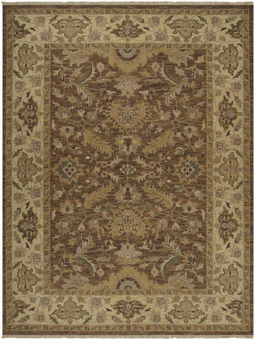 Close-up of the Palmview Area Rug. Hand-knotted rectangle rug with beige, brown, tan, and purple floral traditional pattern. Design-Rectangle-912