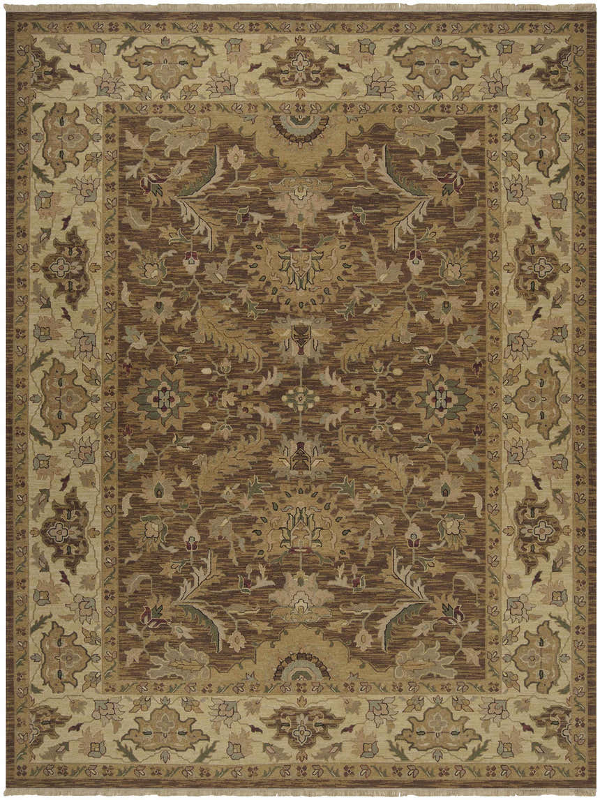 Close-up of the Palmview Area Rug. Hand-knotted rectangle rug with beige, brown, tan, and purple floral traditional pattern. Design-Rectangle-912