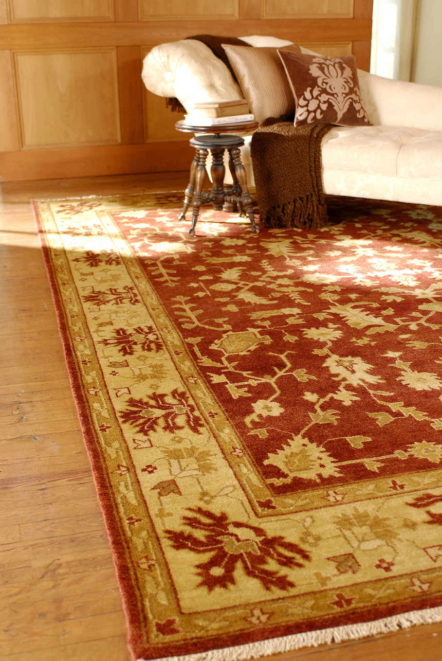 Traditional living room with cream chaise lounge and Brick Red Parkhill Area Rug. Roomscene-Rectangle